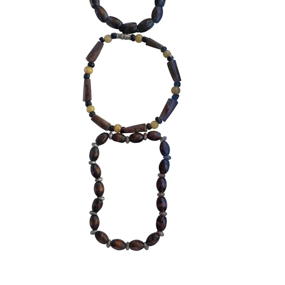 Beaded Bracelet Set Wood Stone Yellow Accents Stretchy Stackable